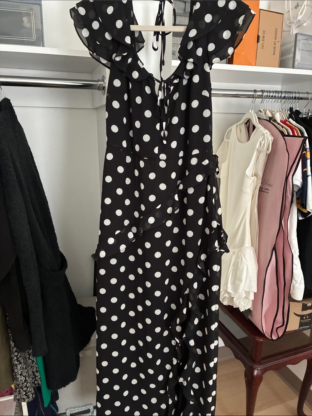 Polka Dot Ruffle Maxi Dress - Black/White